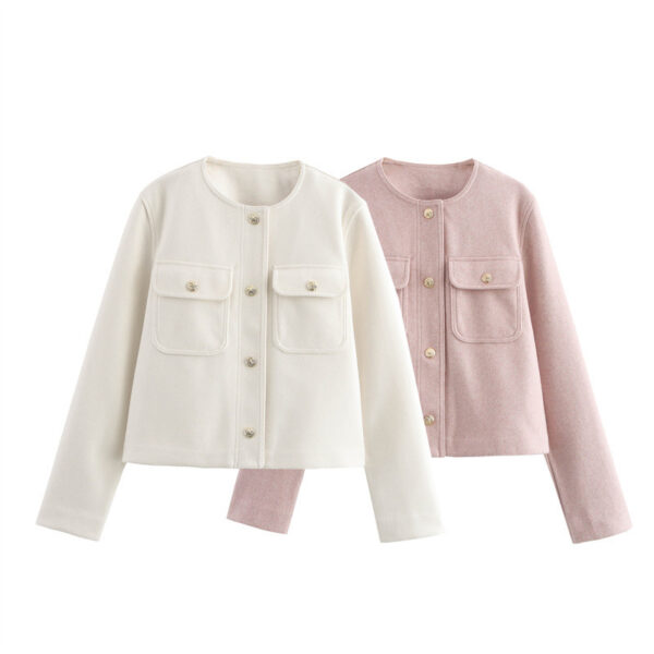 Temperament Crew Neck Long Sleeve Pocket Decorative Jacket Coat