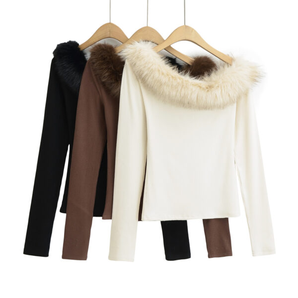 Fur Collar Beveled Off-shoulder Long Sleeve Stretch Thread Sunken Stripe Slim Top