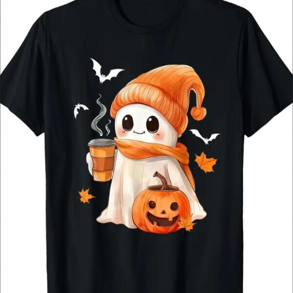 Cute Ghost Drinking Coffee Halloween Ghost Iced Coffee T-shirt